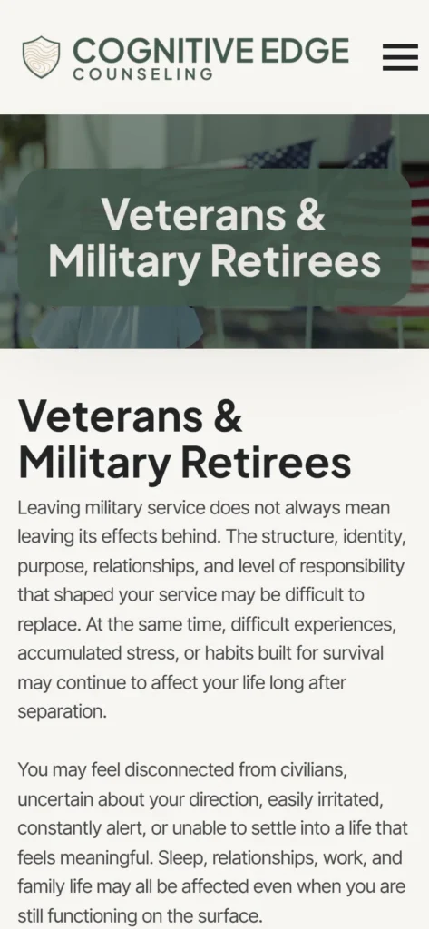 Cognitive Edge Counseling veterans page on a phone, built by Heartland Digital Studio