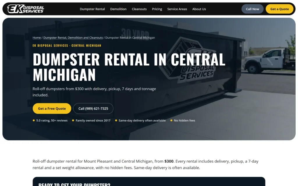 EK Disposal Services dumpster rental service page