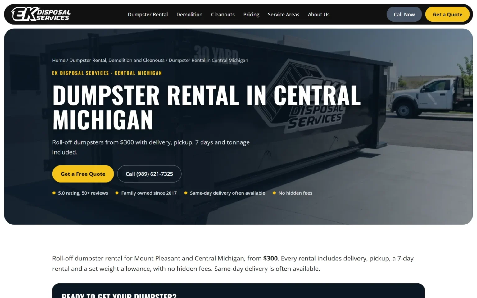 EK Disposal Services dumpster rental service page designed by Heartland Digital Studio