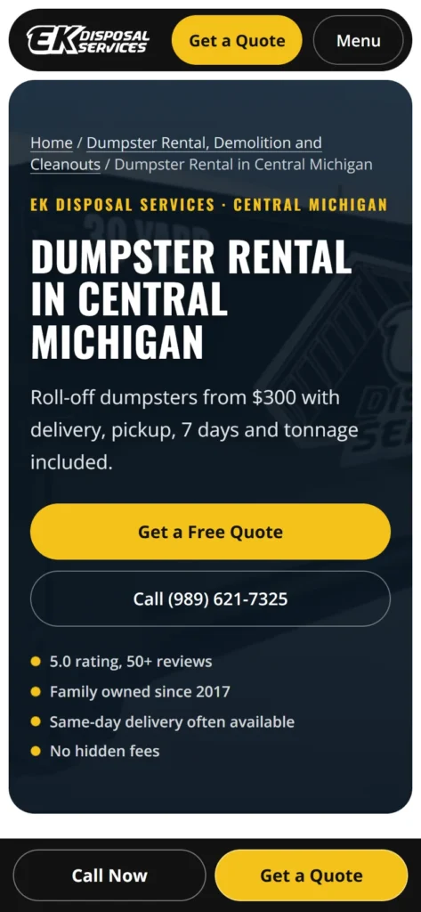 EK Disposal Services dumpster rental page on a phone