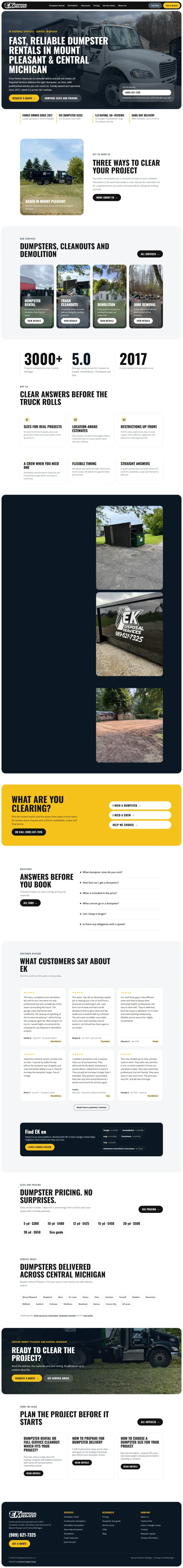 EK Disposal Services website redesign, full homepage on desktop, designed and built by Heartland Digital Studio