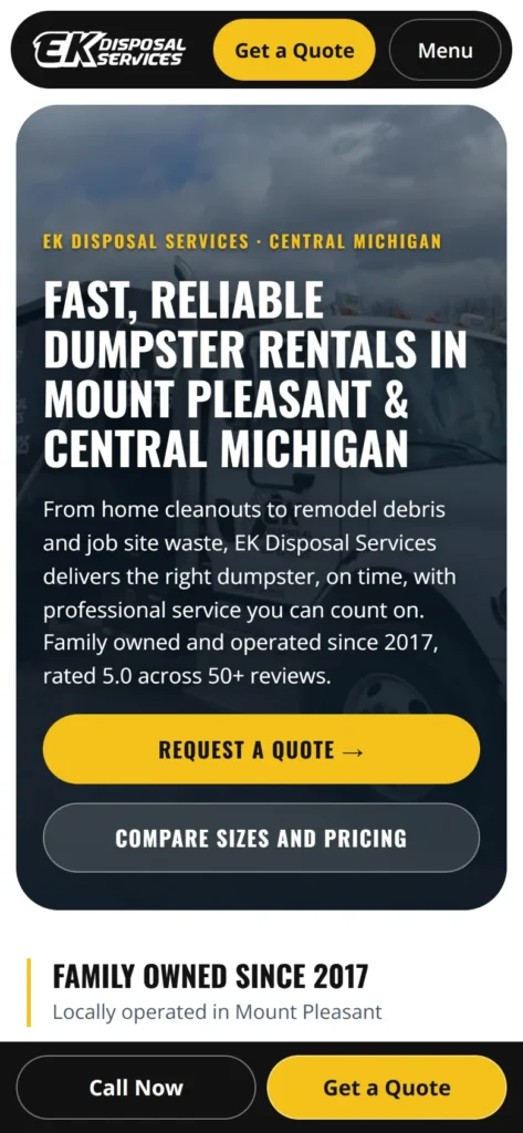 EK Disposal Services website redesign on a phone, with the fixed call and quote bar