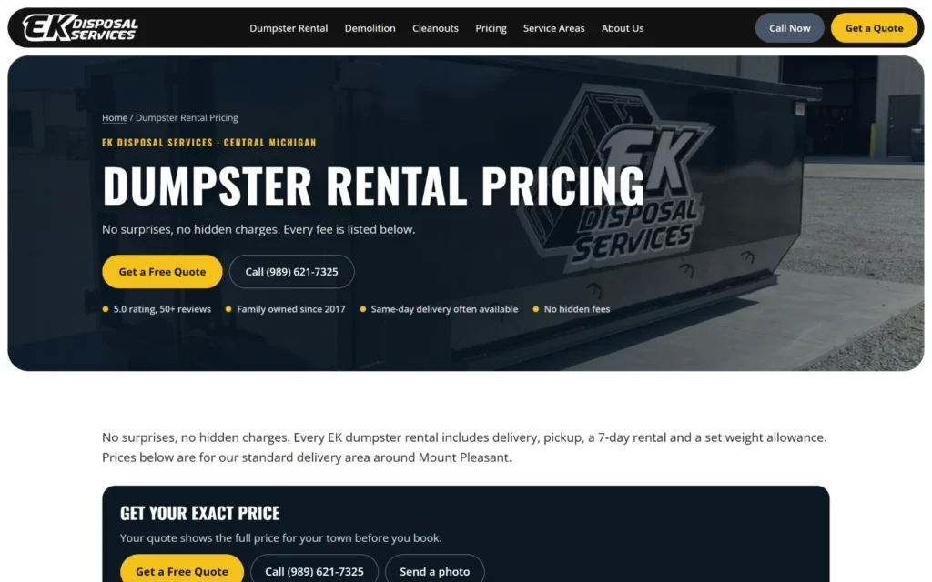 EK Disposal Services dumpster pricing page