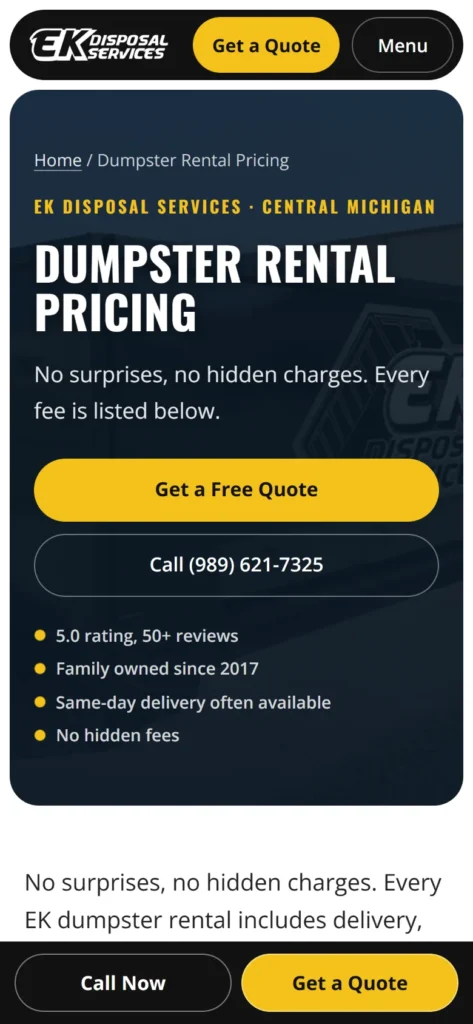 EK Disposal Services pricing page on a phone