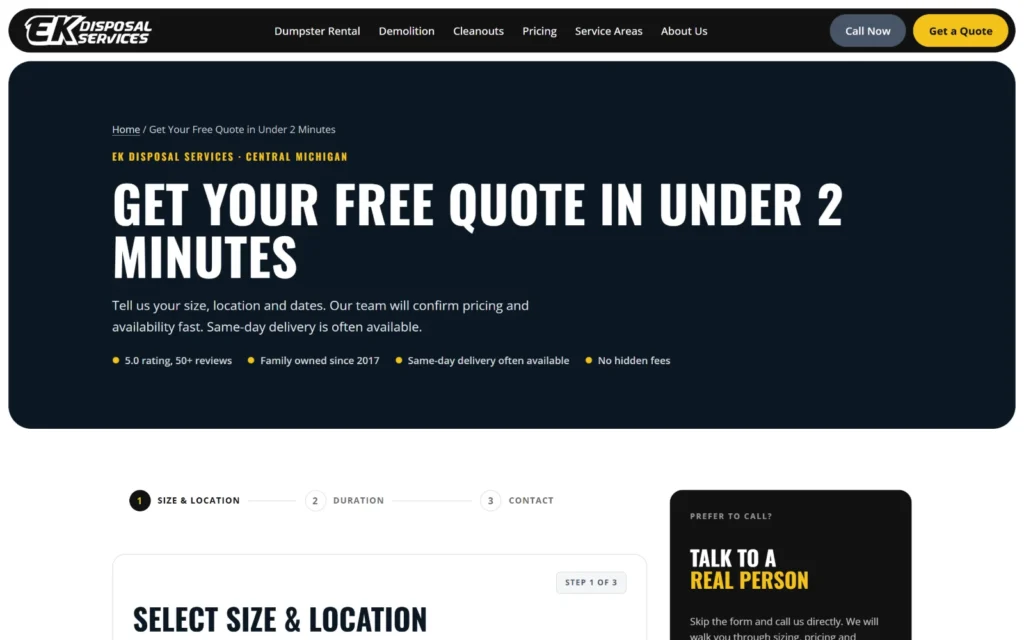 EK Disposal Services three-step quote request