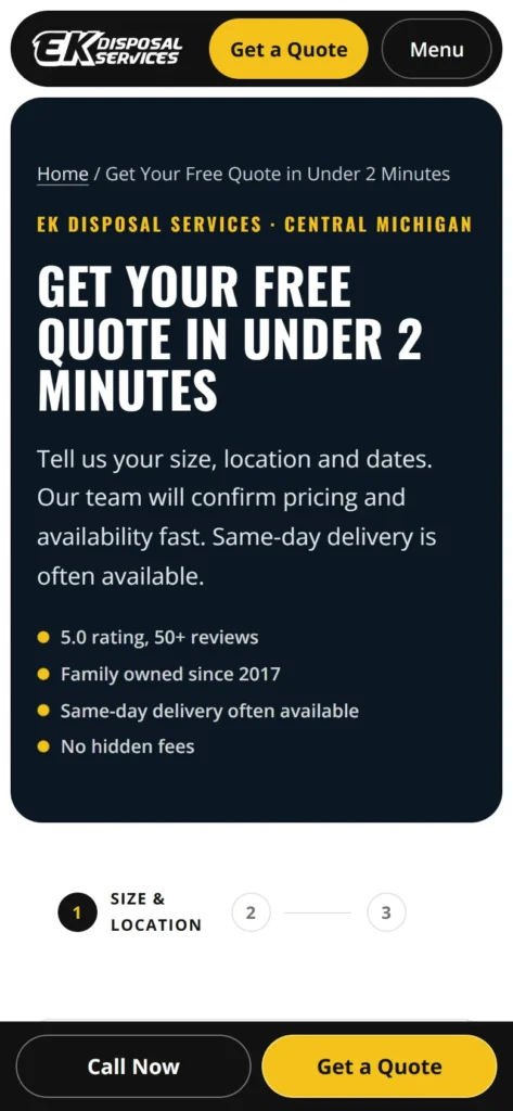 EK Disposal Services quote request on a phone