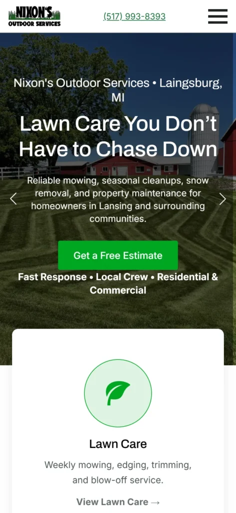 Nixon's Outdoor Services homepage on a phone