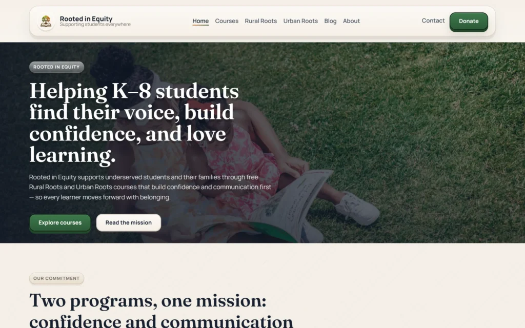 Rooted in Equity homepage on desktop