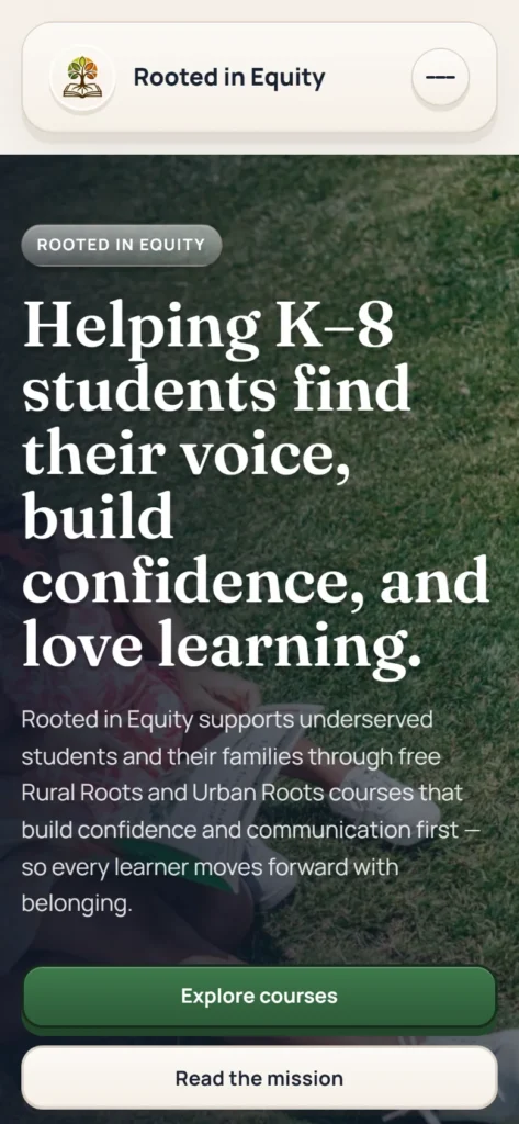 Rooted in Equity homepage on a phone, designed by Heartland Digital Studio